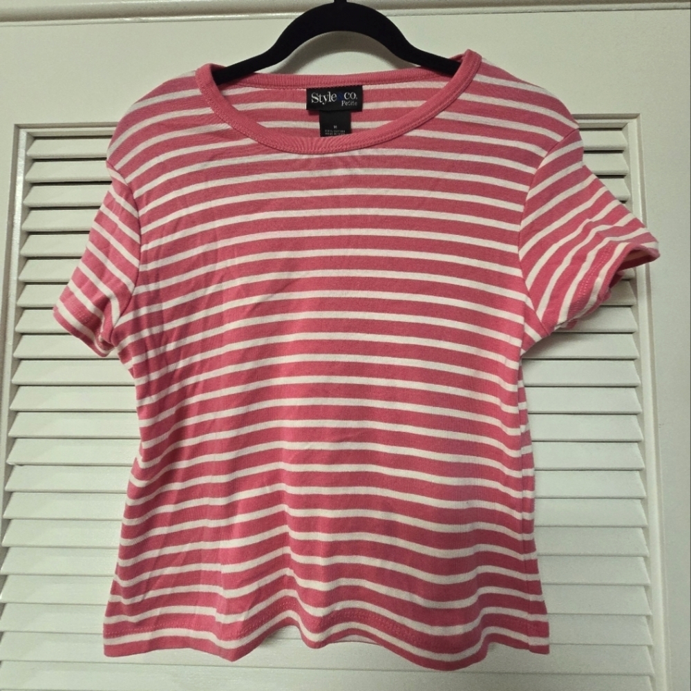Style & Co - Petite 100% Cotton Pink & White Striped Top